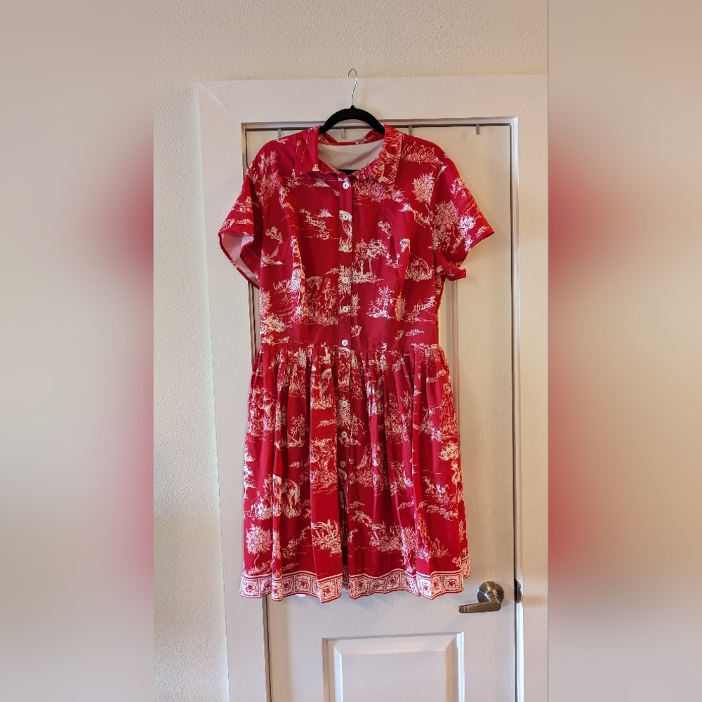 EShakti Red Shirt Dress Horses Toile Style - Fit and Flare - Size XL Custom